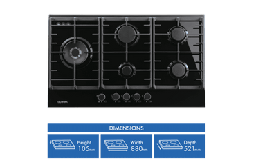 Technika 90cm Gas on Glass Black Cooktop TGC9GLBK