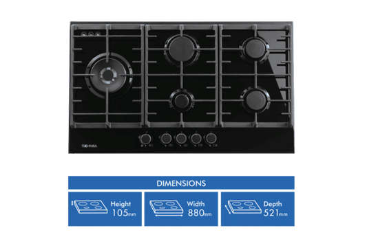 Technika 90cm Gas on Glass Black Cooktop TGC9GLBK
