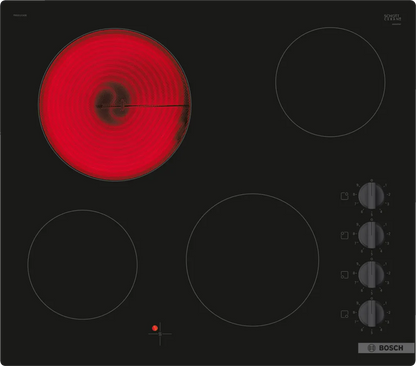 Bosch Series 2 Electric Cooktop featuring a black surface with one active cooking zone, indicated by a red heating element, and touch control panel with various settings.