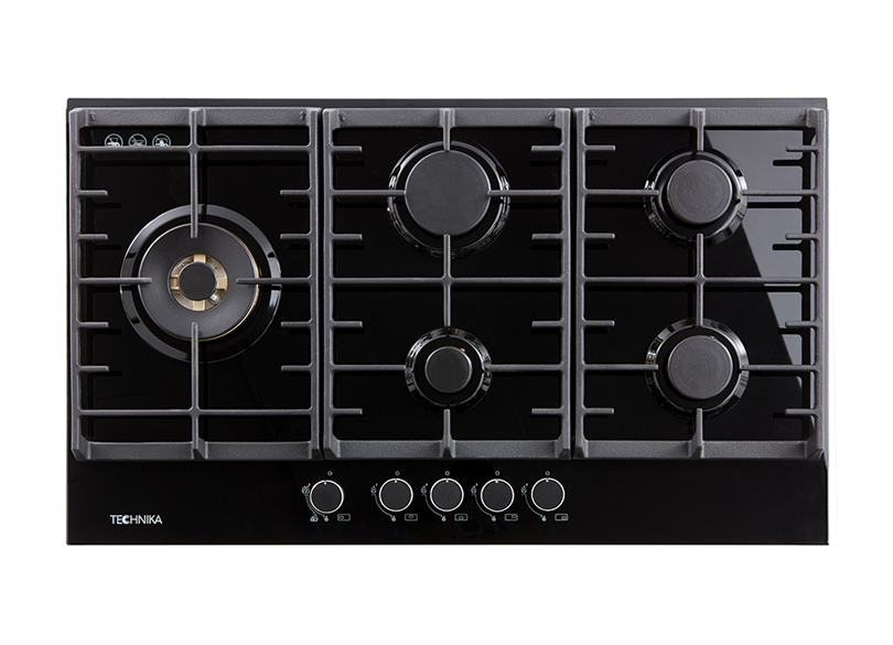 Technika 90cm Gas on Glass Black Cooktop TGC9GLBK